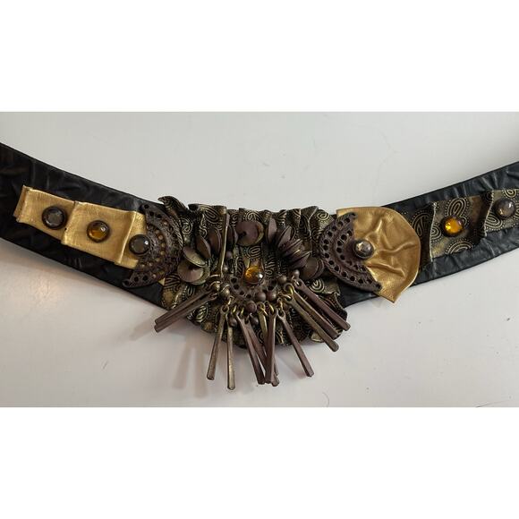 80s Nina Arjani Medium Leatherock Belt Artisan Black Gold Statement Belt Leather - Picture 2 of 8